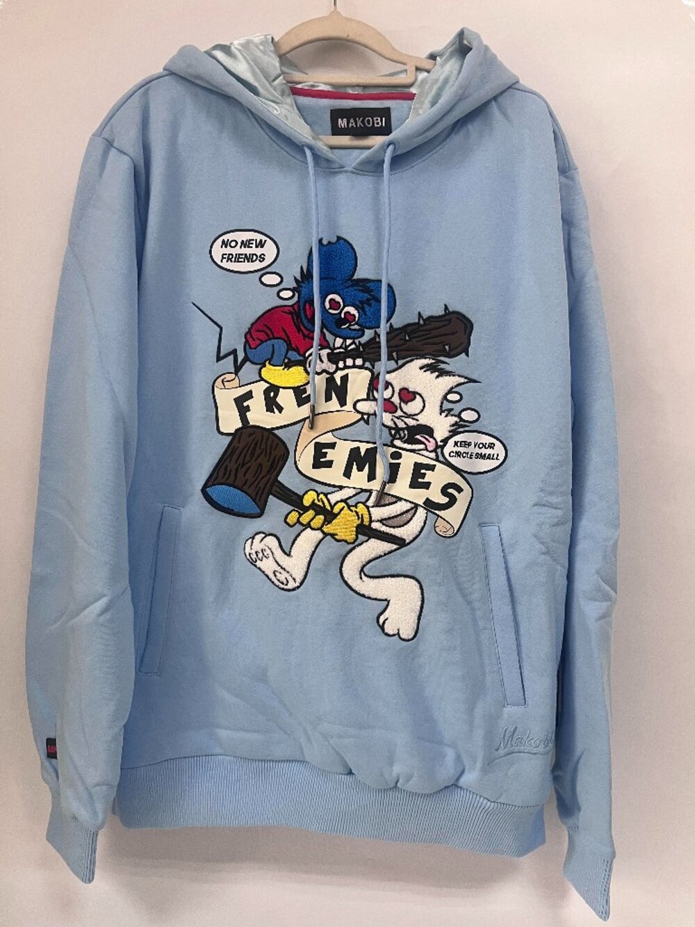 MAKOBI Men's Hoodie Cartoon Pattern Blue Size L
